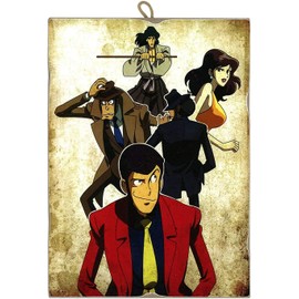 Vintage Style Square Picture Lupin III Main Characters Collectible Print On Wood Various Sizes (Small: 17 x 24 cm.)