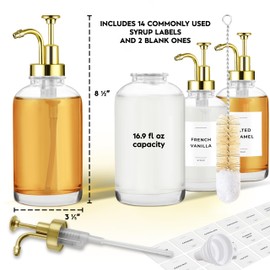 Spaceneat Coffee Syrup Dispenser with Pump - Includes 24 Flavor Labels - Glass Syrup Dispenser for Coffee Bar - Elevate your Beverage Station with 16.9 fl oz Flavoring Container Bottles, 4pcs, Gold