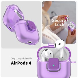 Case for Airpods 4th Generation, Transparent Shockproof TPU Case with Carabiner, with Cleaning Kit, Safety Lock Design (Transparent Lilac)