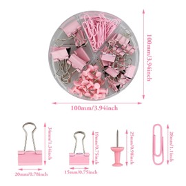72Pcs Binder Clips Push Pins Set, Pink 4 in 1 Round Box Clip Stationery Set Including 20 Push Pins, 30 Paper Clips, 15 Small Blinder Clips, 7 Large Blinder Clips, Office Supplies Set Paper Clips