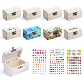 SevenFish 8pcs Mini Treasure Chest, DIY Small Wooden Box with Lid, Small Wooden Treasure Chests with Diamond Stickers for Children's Birthday, Painting and Crafts, Pirate Party