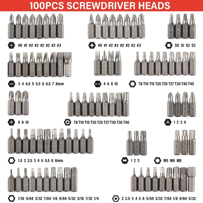 BEAUGIREW 100 Pcs Security Screwdriver Bit Set |Cr-V Steel |1/4-inch