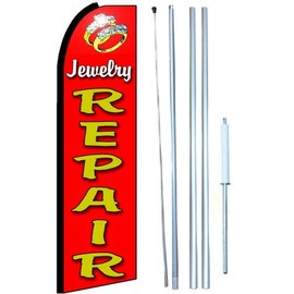 Jewelry Repair Swooper Flutter Flag Store Sign Kit with Hybrid Flagpole and Mount (3 x 11.5 ft Partial Sleeve Flag) One-Side Printing