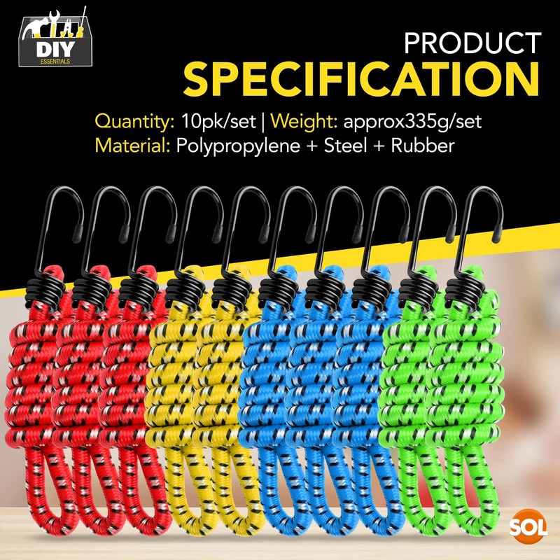 SOL 10pk Bungee Cords with Hooks - Long Adjustable Bungee