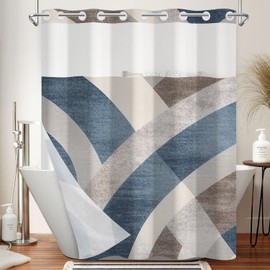 NAEMBCU No Hook Shower Curtain with Snap in Liner Set, Abstract Blue Grey Geometric Print - Mesh Top Waterproof Double Layer Bath Tub Curtain for Modern Minimalist Bathroom Decor, 71W x 74H