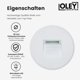 Oley Leuchten® Luma Stair Light, 230 V, Dimmable, IP54, Flush-Mounted Box, Outdoor, Indoor, Round, White