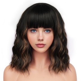 Black Mixed Brown Wavy Wig with Bangs Soft Short Bob Wigs for Women Synthetic Shoulder Length Women's Curly Wigs for Costumes Cosplay Daily
