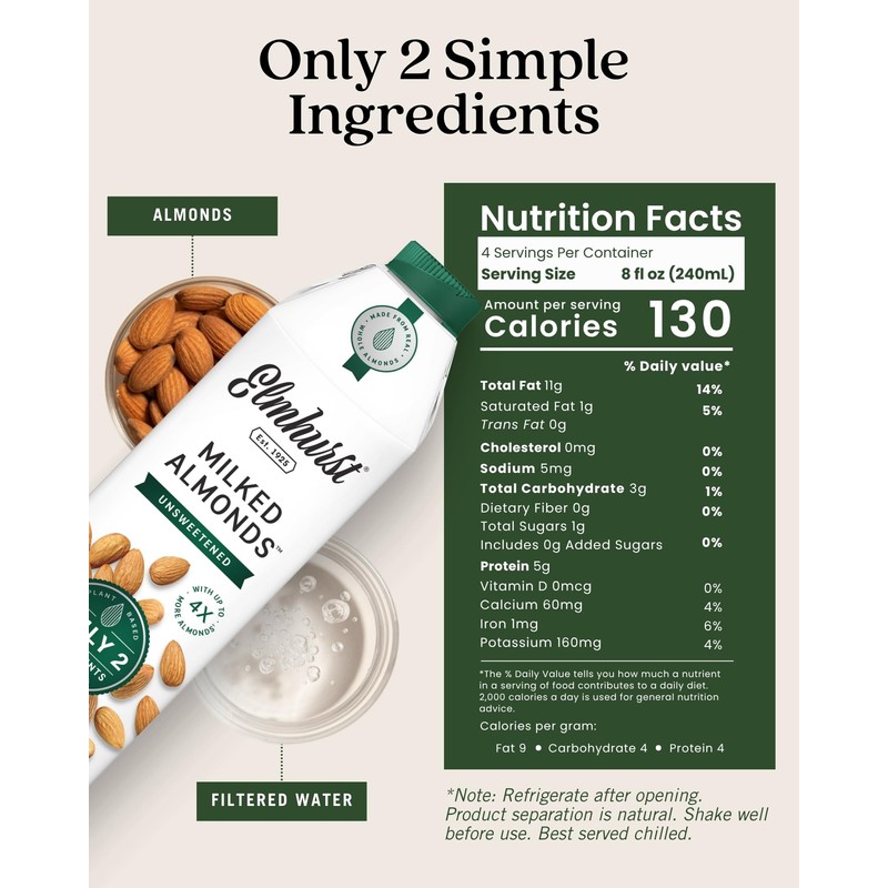 Elmhurst 1925 Unsweetened Almond Milk - 32 Ounce (Pack of