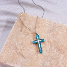 Lauren-Spencer Turquoise Cross Necklace for Women Dainty Simple Cross Necklace Stainless Steel Large Blue Turquoise Gemstone Cross Pendant for Women Christian Jewelry Religious Gifts
