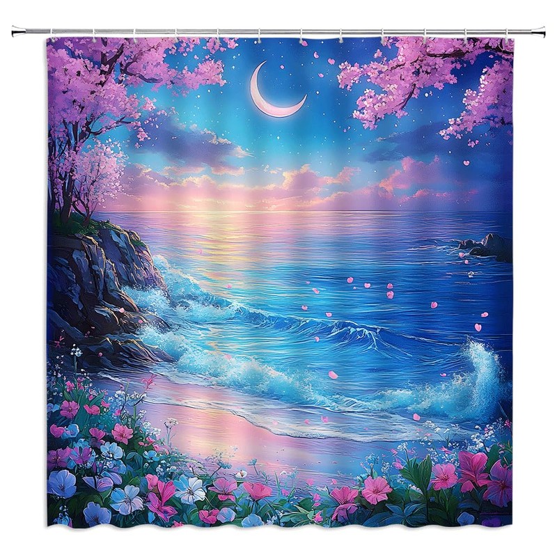 Moon Ocean Beach Shower Curtain, Fantasy Starry Night Sky, 70Wx70H