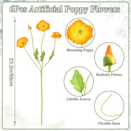 TOCHGREEN Artificial Flowers Silk Poppy Flowers 6pcs Faux Poppies Bouquet with Long Stems for Home Decor Kitchen Wedding Party Table Centerpiece Floral Arrangement Vase Bouquet (Orange, 6PCS)