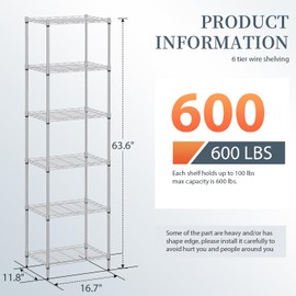 BestOffice 6-Shelf Storage Shelves, Adjustable Shelving Unit Wire Shelving Metal Shelves,11.8" D x 16.7" W x 63.6" H,Chrome
