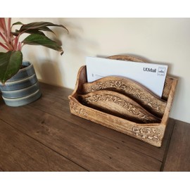 Purity Style Rustic Carved Wooden Letter Rack/Desk Tidy - Three Compartment Mango Solid Wood Free Standing Mail Holder for Home