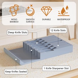 Domax Bamboo In-Drawer Knife Block Kitchen Knife Organizer Insert for 12 Knives and 1 Sharpening Steel(Not Included), Steak Knife Holder, Gray