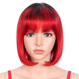 SPOTLIGHT Ombre Red Short Bob Wigs with Bangs for Women 130% Density Black Root with Red Short Bob Human Hair Wigs With Bangs (Ombre Red, TT1B/RED Color)