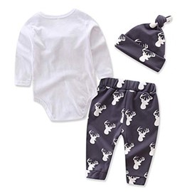 Trsenvrml Infant Baby Boy Clothes Newborn Set Long Sleeve Letter Print Bowtie Romper + Deer Pants + Hat Suit (White, 6-12 Months)
