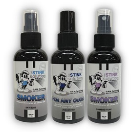 Smokers Odor Eliminating Spray Completely removes Smoke Odors. Three 4 oz bottles One Bamboo Teak, One new Sky Blue and one unscented.