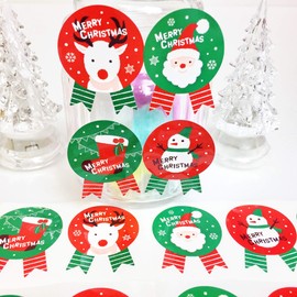 Creve Cell Christmas Gift Stickers Gift Stickers Wrapping Labels Ribbon Shaped Glossy Waterproof (Santa, Snowman, Shoes, Reindeer, Set of 4, Large, 1.8 x 1.4 inches (4.5 x 3.5 cm), 50 Pieces)