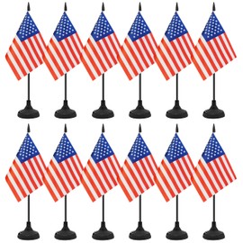 12 Pack USA Desk Flag Set, American Table Office Flag, Small Miniature Desktop Flag With Black Pole and Black Base, Classroom, Offices Meeting Desk Decoration (USA)