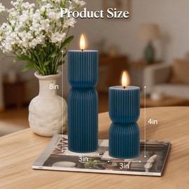 SEHNSY Navy Blue Battery Operated Candles with Remote Timer, Set of 2 Ribbed Flameless Pillar Candles 3x4 & 3x8 in, Real Wax LED Candles with 3D Flickering Flame for Bookshelf Office Coastal Decor