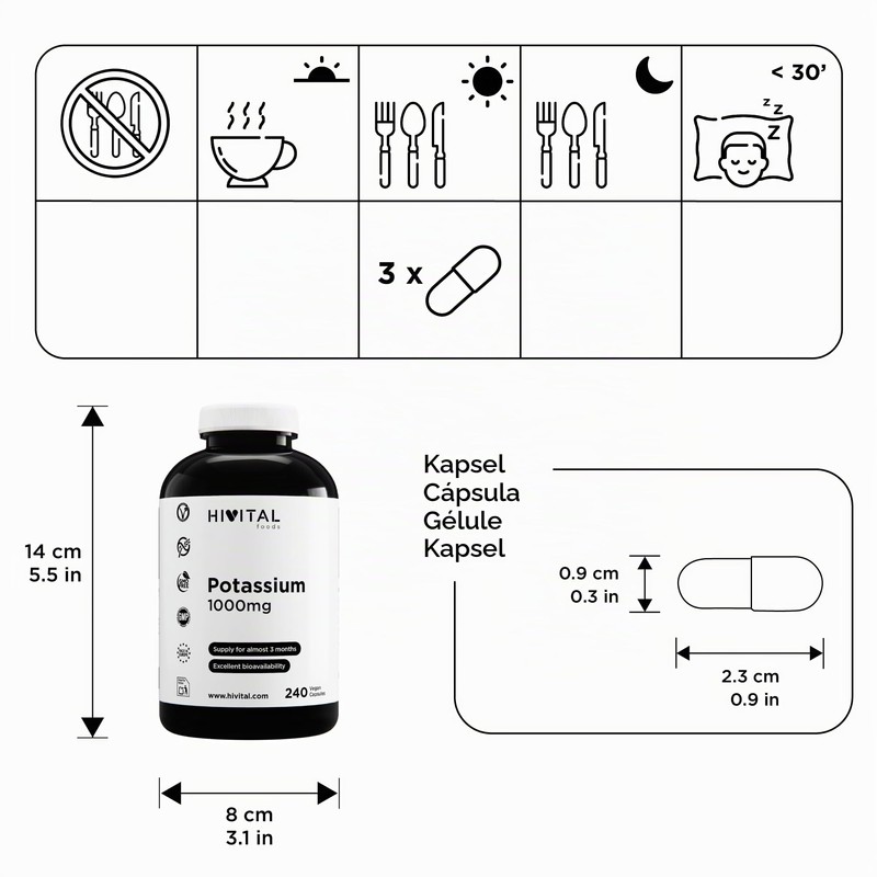 Potassium 1000 mg from salt of potassium citrate. 240 vegan