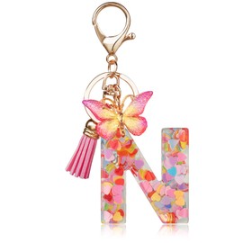 OSDUE Fashion Alphabet Initial Letter Keychain, Women Tassel Butterfly Pink Purple Cute Car Keyrin, Pink and Gold Resin Alphabet Keychain, Tassel Butterfly Pendant Key Ring for Wallet (J)