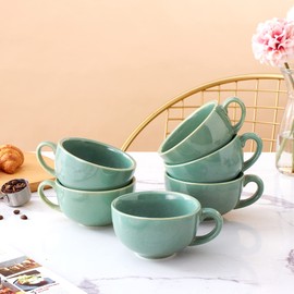 Coffeezone Set of 6 Cups Vintage Design 12 oz Professional Barista Ceramic Latte Art Cappuccino Cups Set (Green * 6)