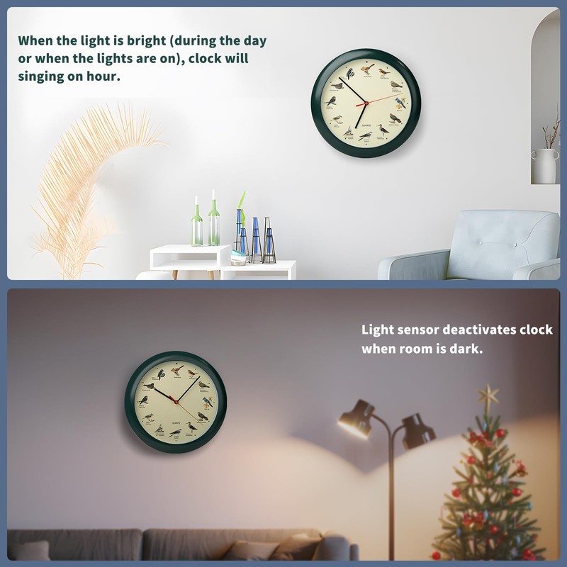 Belinlen 13 Inch Singing Bird Wall Clock Light Sensor Bird