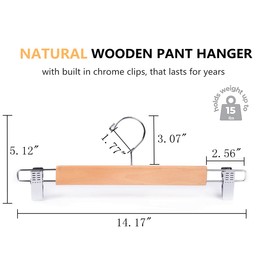 Amber Home 10 Pack 14.17" Solid Natural Wooden Pant Skirt Hangers, Bottom Hangers for Slacks Trousers Jeans with 2-Adjustable Anti-Rust Clips (Natural, 10 Pack)