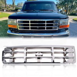 G-PLUS Front Bumper Grille, Compatible with Bronco 1992-1996/ Ford F150 F250 F350 1992-1997 Chrom Plastic F4TZ8200A, FO1200173, F2TZ13064D, FO2512130, F2TZ13064C, FO2513131