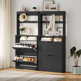 YATINEY Tall Shoe Cabinet with Flip Drawers and Coat Rack, Floor Standing Modern Shoe Storage Organizer, 2-in-1 Hall Tree with Movable Hooks and Open Shelves, for Entryway, Black SC01BK