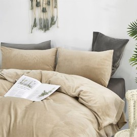 Houseri King Velvet Comforter Set Taupe Fluffy Light Khaki Bedding Sets Women Men Fuzzy Comforter King Size Tan Flannel Puffy Cream Beige Micromink Sherpa Bed Quilt King Warm Soft Comfy Winter Blanket