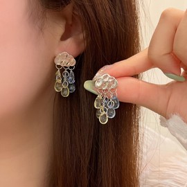 Wendalern Resin Tear Beads Dangle Earrings Cloud Raindrop Tassel Earrings Silver Cloud Stud Earrings Tear Fringe Chandelier Earrings Cute Weather Cloud Rain Earrings Jewellery for Women, Zinc, No