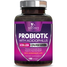 Nature's Nutrition Probiotics 60 Billion CFU per Serving - 10 Strains + Prebiotics - Immune, Digestive & Gut Health Support, Supports Occasional Constipation, Gas & Bloating for Women & Men, Shelf Stable - 180 Capsules