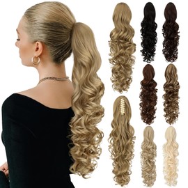 Fanguilar Ponytail Extension, 24" Claw Clip Ponytail Extension Long Curly Wavy Pony Tails Hair Extensions Synthetic Clip in Ponytail Hairpiece for Women Daily - Ash Blonde