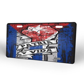 KOSUES Patria Y Vida Viva Cuba Libre Flag Aluminum License Plate 6 x 12 Inch Metal Car Front License Plate Cover Car Decor Accessory Novelty Vanity Decoration Tag with 4 Holes Gift for Men Women
