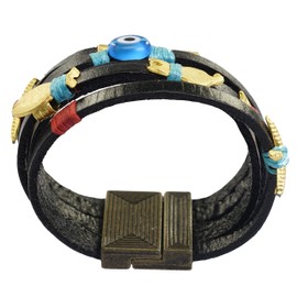 Luvi Catsy I Women's Leather Bracelet with Cat and Fish Metal Appliques - Charm Wrap Bracelet - Handmade (Black), Base Metal, Black