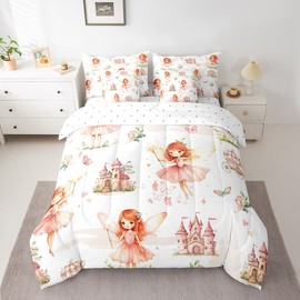 Princess Bed Set Includes Comforter, Sheet Set, Pillowcases & Pillow Covers Queen Size Castle Flower Butterfly 7 Piece Bedding Set Decor Cute Pink Comforter Set Soft Microfiber Kawaii Bedroom Decor