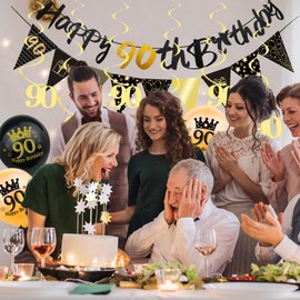 18Pcs Black Gold 60th Birthday Decorations for Him,Men,60th Birthday Banner Triangle Flag Bunting Black Gold Foil 60 Hanging Swirls,60th Birthday Balloons for Men Him Birthday Party Decoration Pack