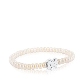 TOUS Pulsera de Perlas para Mujer con Motivo de Oso en Plata de Primera Ley, 19 cm de Largo, Elegante y Versátil, Colección Sweet Dolls