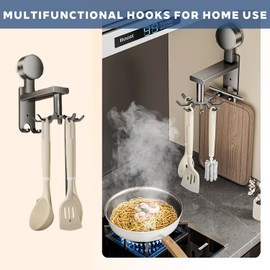 inkihuit Hook Rack with Suction Cup, 360° Rotation Hanging Organiser, Metal Hanging Rail for Kitchen Utensils, Holder for Chopping Board and Spatula, Attaching No Drilling Rack for Kitchen/Bathroom