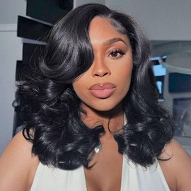 HUIWANYAN Body Wave Bob Wig Human Hair 13x4 Hd Lace Frontal Wigs Human Hair Pre Plucked Loose Wave Bob Lace Front Wigs Human Hair For Black Women 180% Density Glueless Wig Natural Black 16 Inch