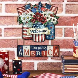 Celestdeco 4th of July Door Decor,Independence Day Door Hanger,Patriotic Memorial Day Sign,American Flag Bouquet Decor,Fourth of July Decoration Gods Bless America for Home Outdoor Porch Yard