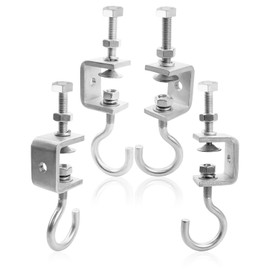 4 PCS Beam Clamp J Hook, Stainless Steel Small Pipe Clamp Hooks for 1Inch Metal Beam Wood Beam Truss, Heavy Duty Open Cup Bolt Hook Load 330lb, I-Beam Design C Clamp Hook
