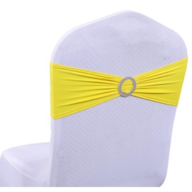 MDS Pack of 50 Spandex Chair Sashes Bow Premium Stretch Chair Cover Band with Buckle Slider Universal fits Elastic Dining Chair Ties for Wedding Party Banquet Events Decoration - Yellow