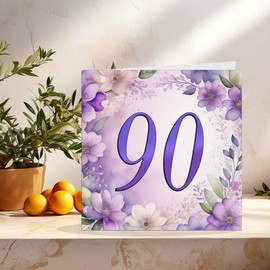 90th Birthday Card for Women - Purple Floral 90th Birthday Cards for 90 year old woman Ninety Ninetieth Ladies Grandma Nan Aunt Mum Sister Mom Friend