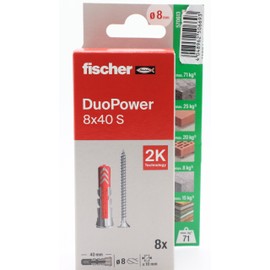 fischer Duopower 8 x 40 with Screw - 8U Wall Anchors Made of Various Materials Suitable for Hanging Bicycles, Pictures, Cabinets, TV Brackets, Shelves, Furniture