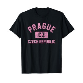 Prague Czech Republic Gym Style Distressed Pink Print T-Shirt