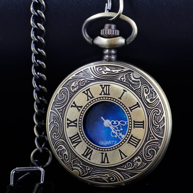 Tiong Bronze Pocket Watch Hollow Blue Starry Design Roman Numerals