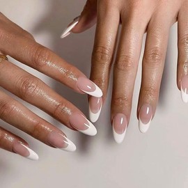 BAOYAALIN French Tips White Press on Nails Medium Almond Shaped Fake Nails Full Cover False Acrylic Glue Stick on Nail for Women Girls 24Pcs